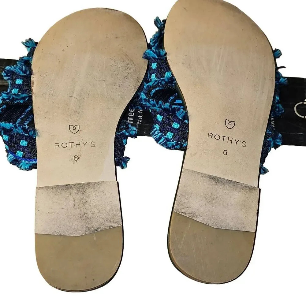 Rothy's Womens Blue Fringe Triple Fabric Strap Slide‎ On Flat Sandals 6 - Picture 6 of 7